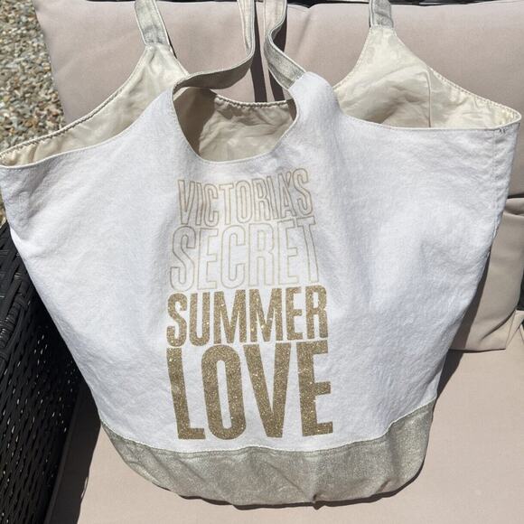 Victorias Secret Sparkle Glitter Summer Love CanvasTote Bag Weekender Gold Cream - Picture 3 of 9